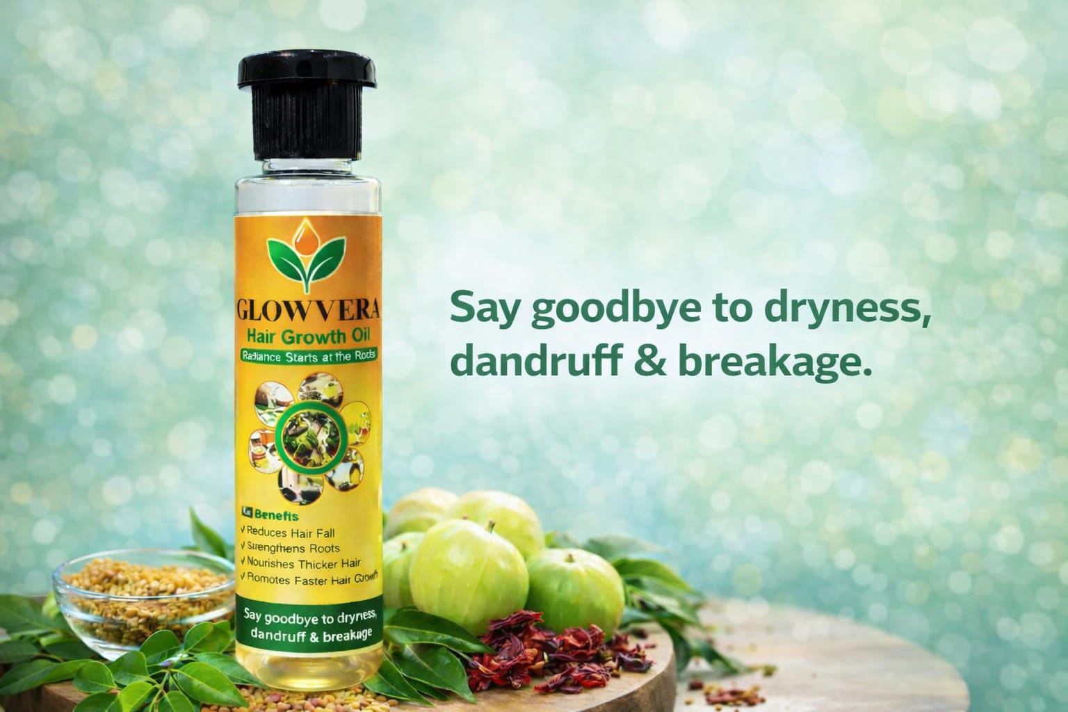 Glowvera bottle among amla and hibiscus