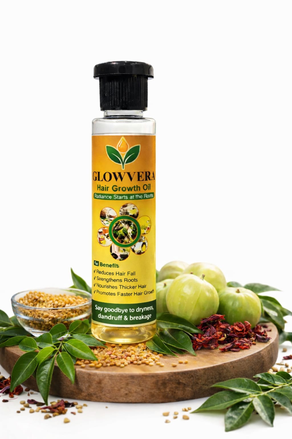 Glowvera Hair Growth Oil bottle with amla, fenugreek, curry leaves and hibiscus